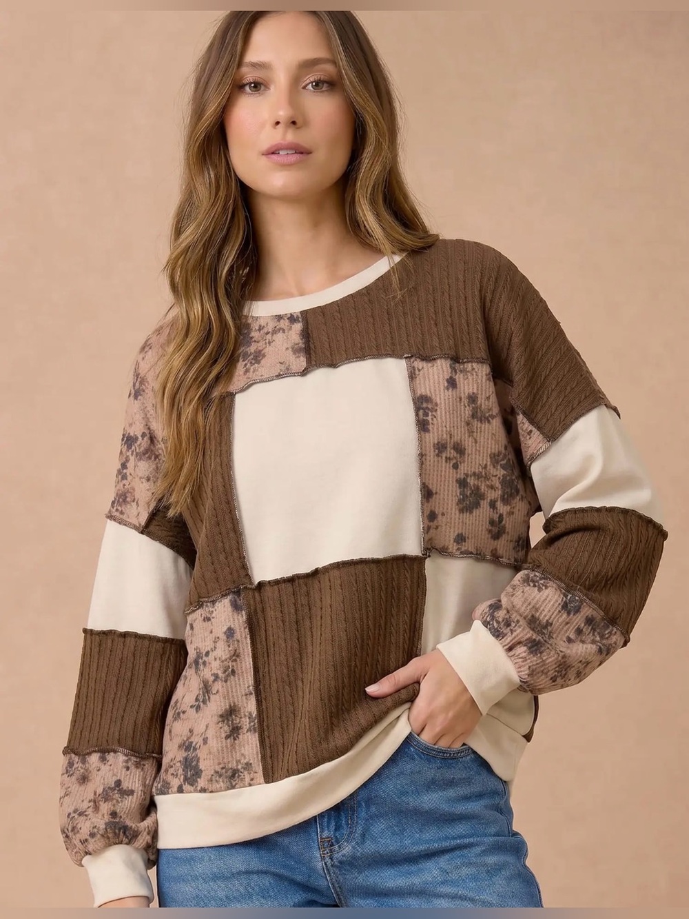 Brown mixed media rose floral dolman sleeve pullover stitch sweatshirt tunic top